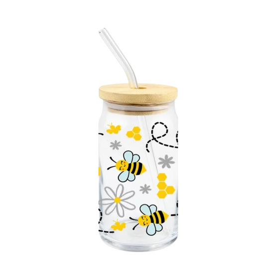 Bees Cup for Iced Drinks | Glass Cups for Her | Made in New York| Bees and Yellow Flowers