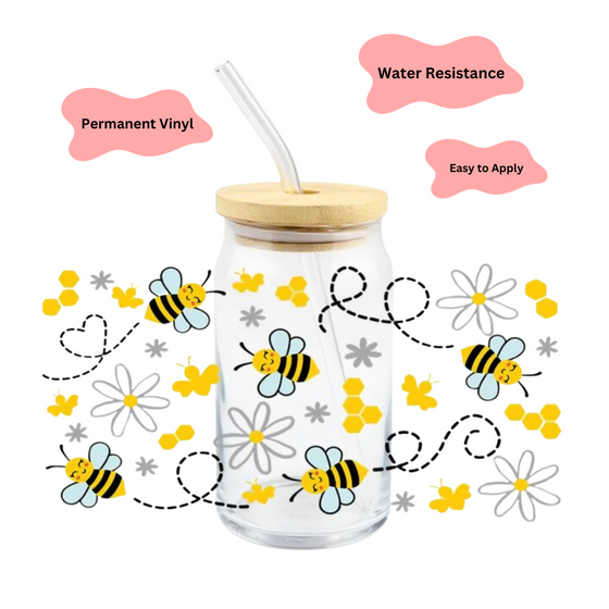Bees Cup for Iced Drinks | Glass Cups for Her | Made in New York| Bees and Yellow Flowers