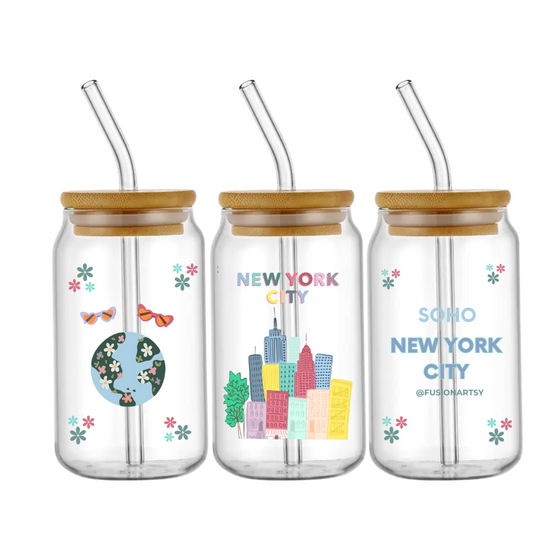 New York City Glass Cups for Iced Drinks | Blue Design | Made in NYC