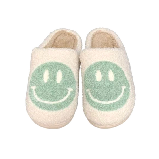Green Sage Smiley Face Slippers | Comfy Shoes