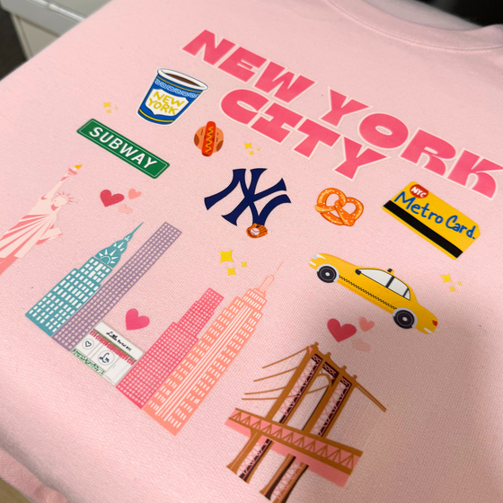 NYC Most Iconic Places Sweatshirt | Cutest NYC Clothing | Made in NYC | Pink Lover