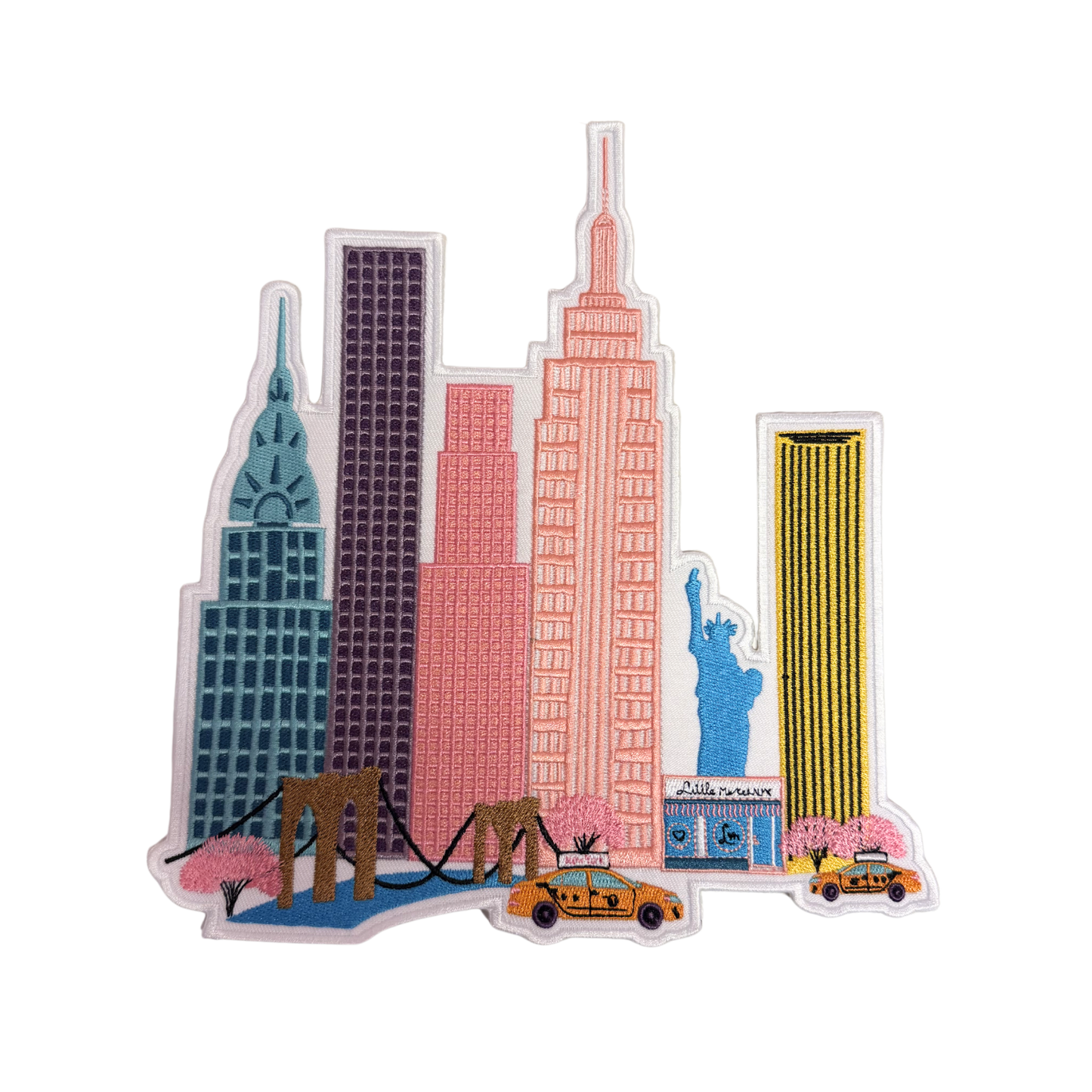 Colorful NYC illustration of a city skyline with iconic buildings and a bridge.