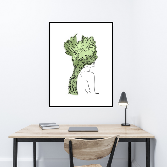 Green Crown Flowers Girl Art Print | Home Decor | Minimalist Drawing | Room Ideas | Unique Designs