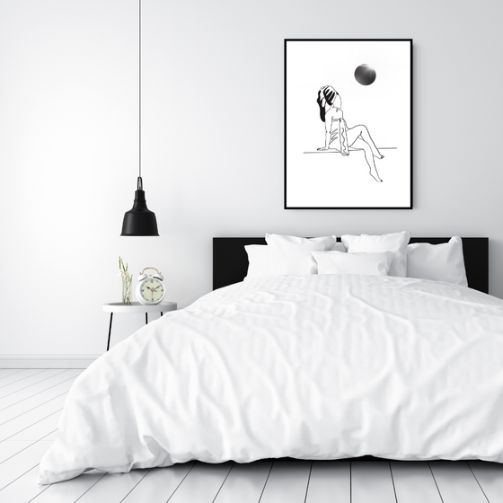 Moon Relax Girl Art Print | Home Decor | Minimalist Drawing | Room Ideas