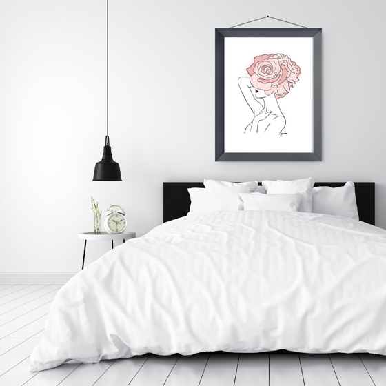 Pink Flowers and Red Lips Art Print | Home Decor | Minimalist Drawing | Room Ideas